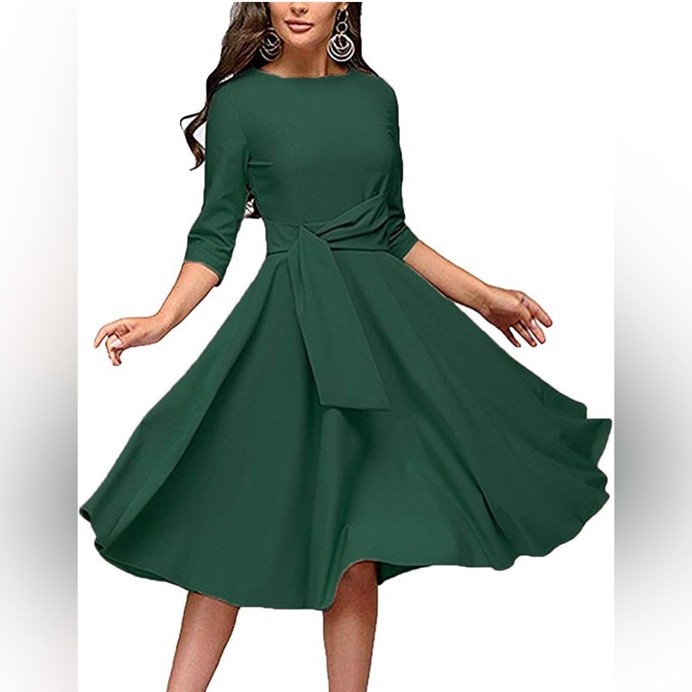 FENJAR Womens Elegance Audrey Hepburn Style Ruched3/4 Short Ruffle Sleeve Casual